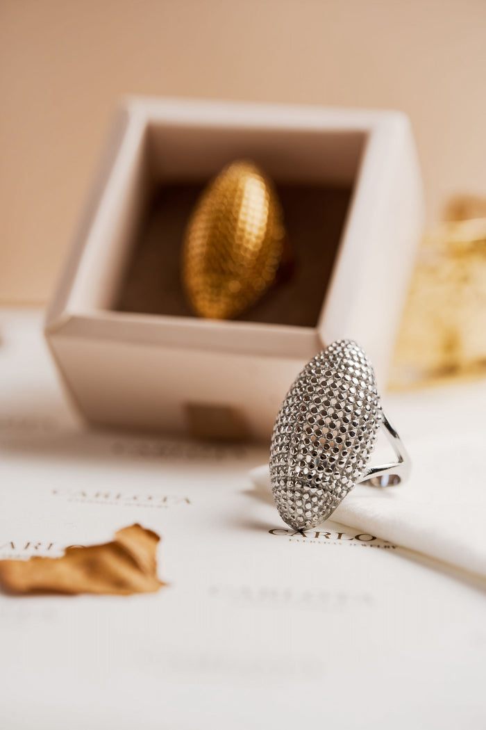 Anillo plateado texturizado en acero quirúrgico – CARLOTA.