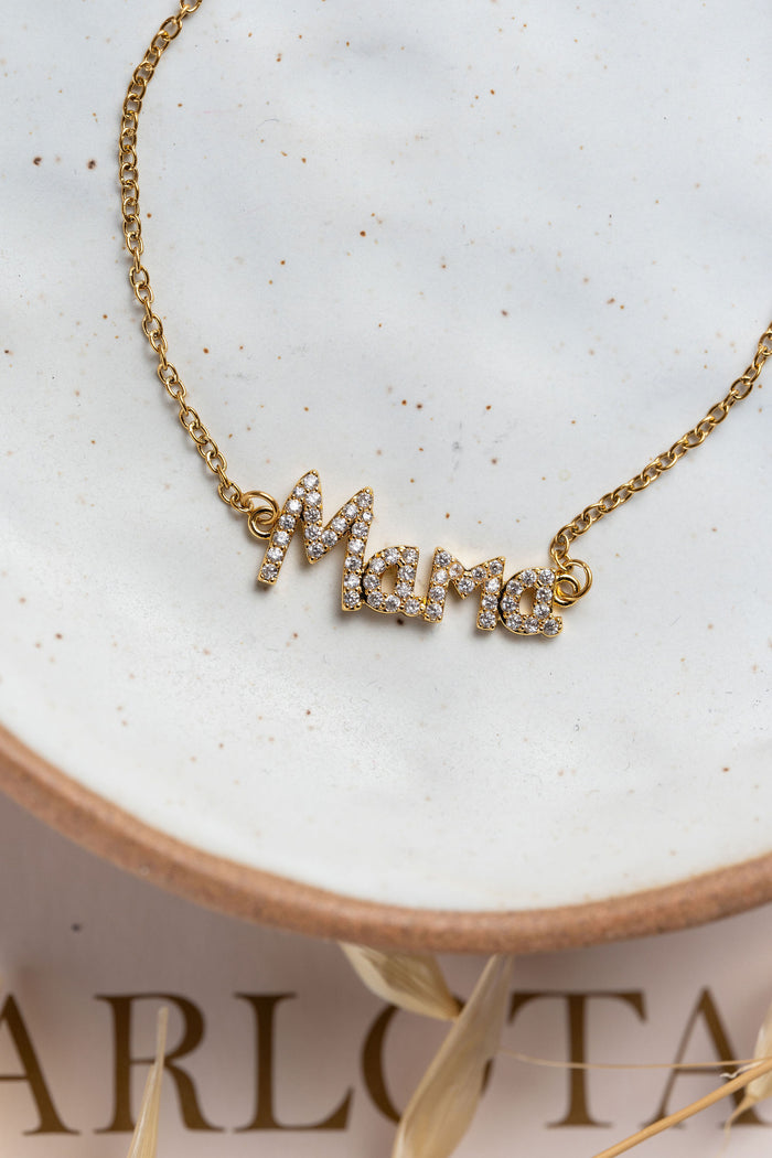 Collar en acero, oro y circonias con dije Mamá