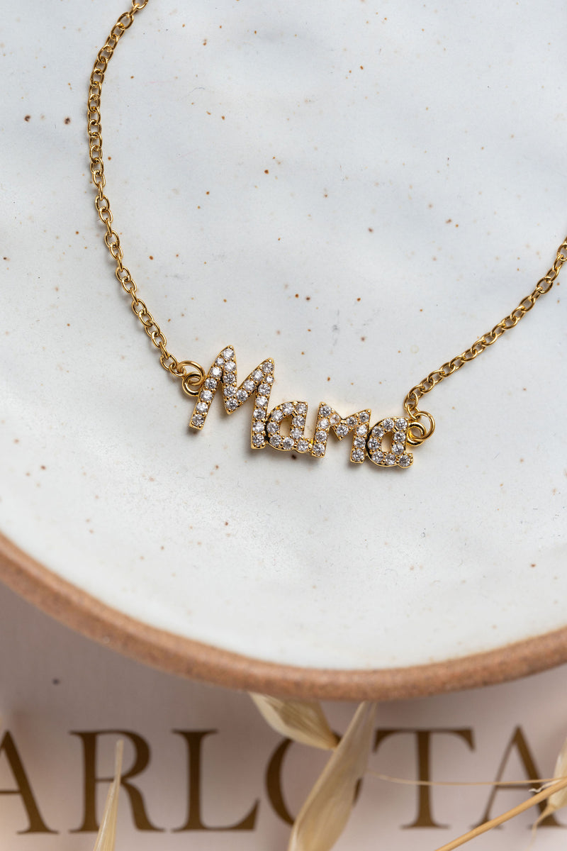 Collar en acero, oro y circonias con dije Mamá
